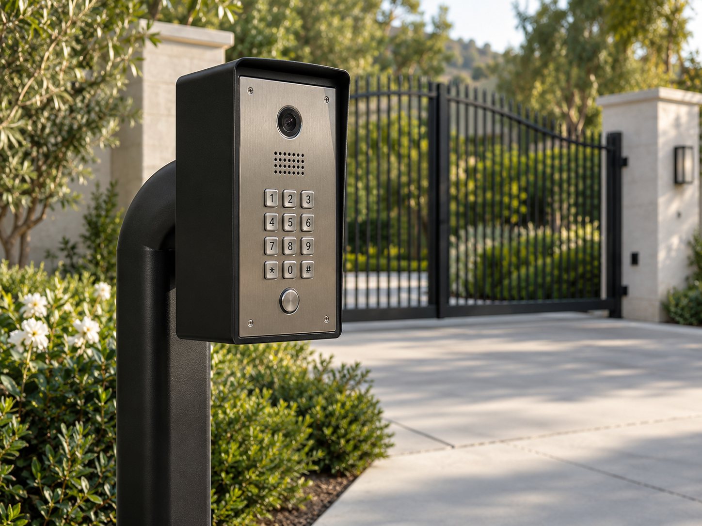Wrought iron automatic gate opening onto a driveway